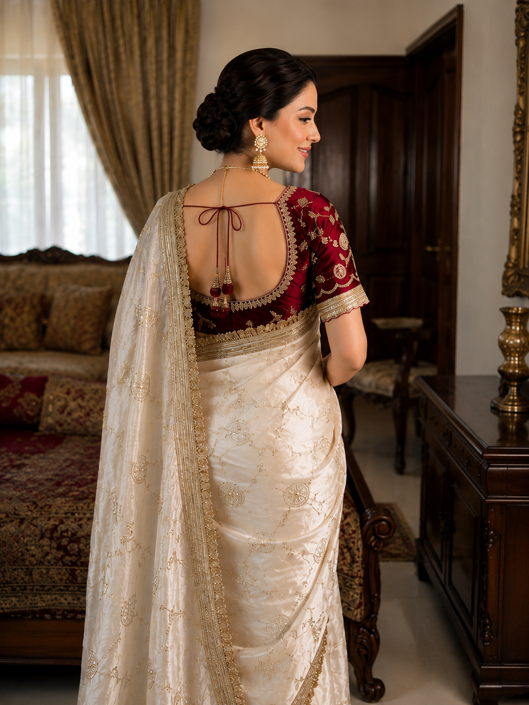 Madhubala Ivory Saree with Stitched Blouse - Yooneck