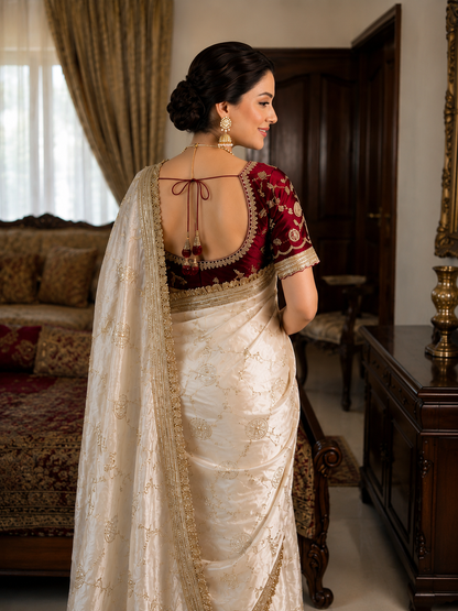 Madhubala Ivory Saree with Stitched Blouse - Yooneck