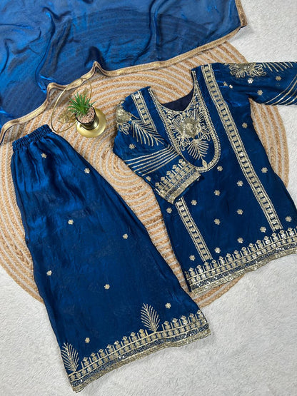 BlueMoon Embroidered Silk Kids Plazzo Set with Dupatta