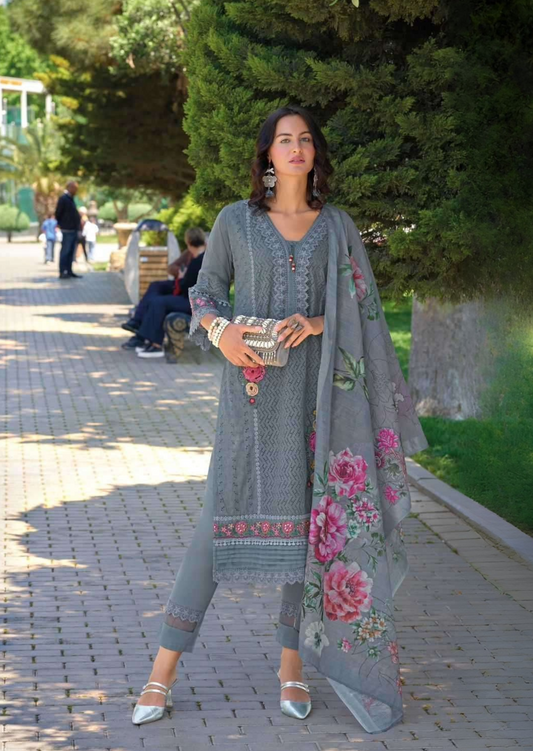 Zeenat Graceful Grey Floral Embroidered Cotton Suit