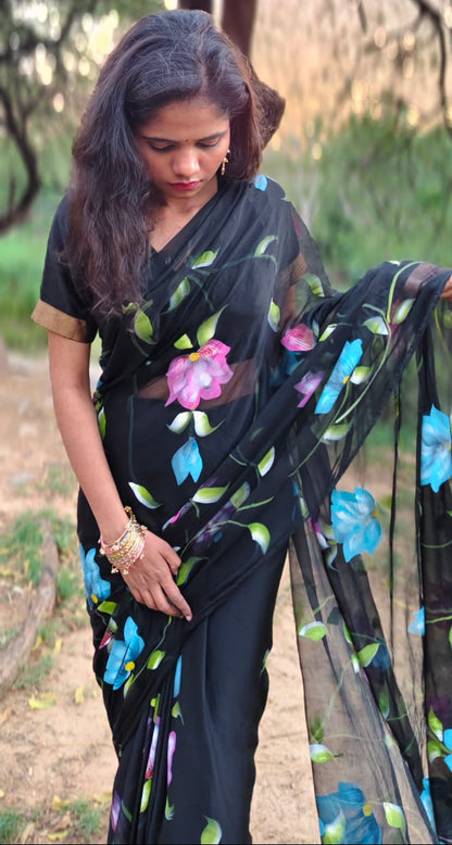 Shyama Handpainted Chiffon Saree