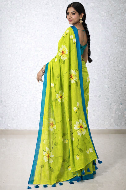 Lime Blossom Premium Mull Cotton Handprint Saree