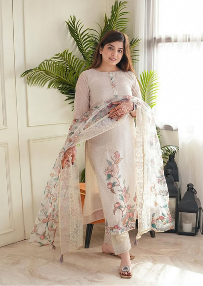 Off-White Elegant Printed Lilan Cotton Suit Set