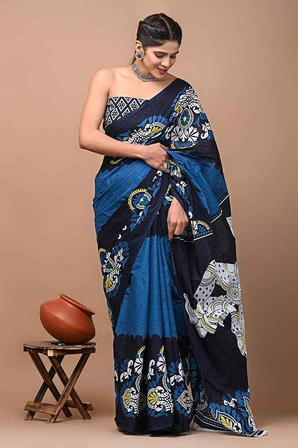 Midnight Kamal Bold Indigo Mulmul Cotton Saree
