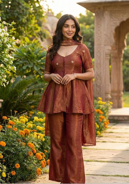 Rust Radiance Cosmos Tissue Peplum Co-Ord Set