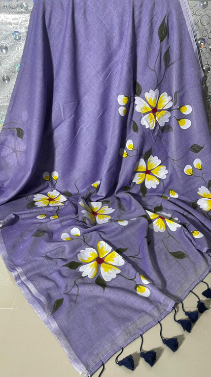 Lavender Bloom Premium Mull Cotton Handprint Saree