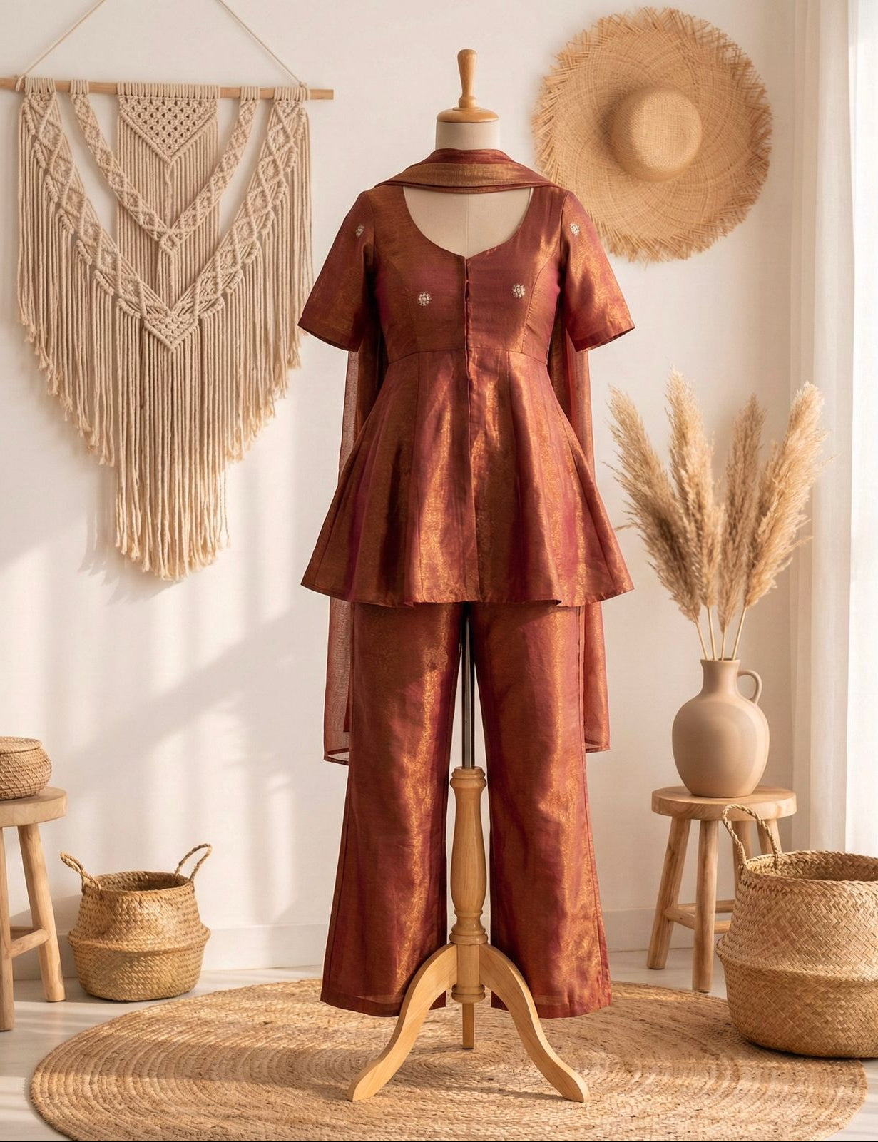 rust radiance cosmos tissue peplum co-ord set
