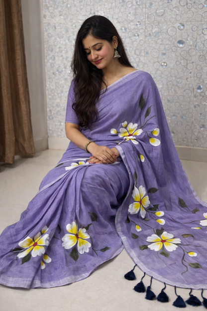 Lavender Bloom Premium Mull Cotton Handprint Saree