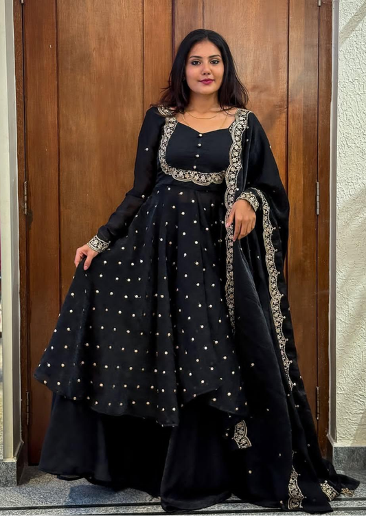 Black Chitra Silk Embroidered Cape Lehenga Set