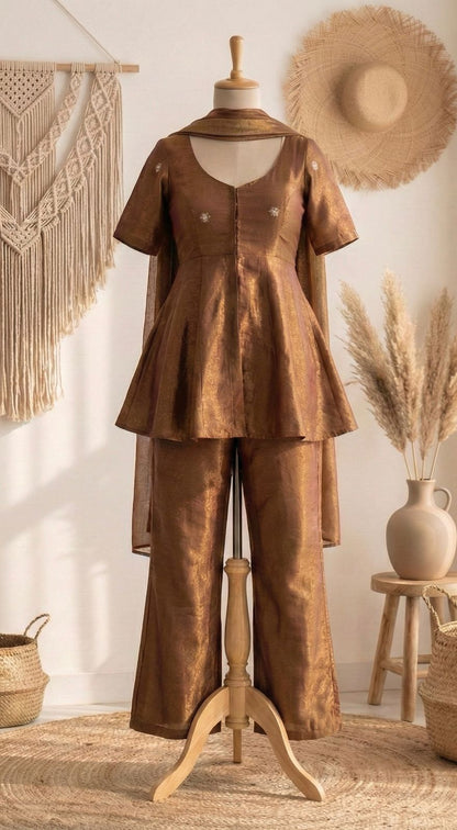 Bronze Glow Cosmos Tissue Peplum Co-Ord Set