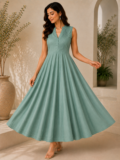 Siya Sage Green Sleeveless Flared Dress