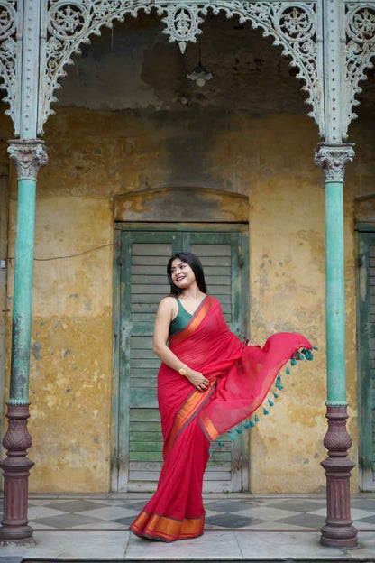 Aangan Rang Scarlet Mul Cotton Saree with Zari Eleganc
