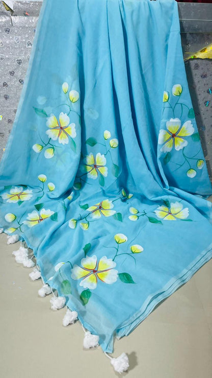 Sky Blossom Premium Mull Cotton Handprint Saree
