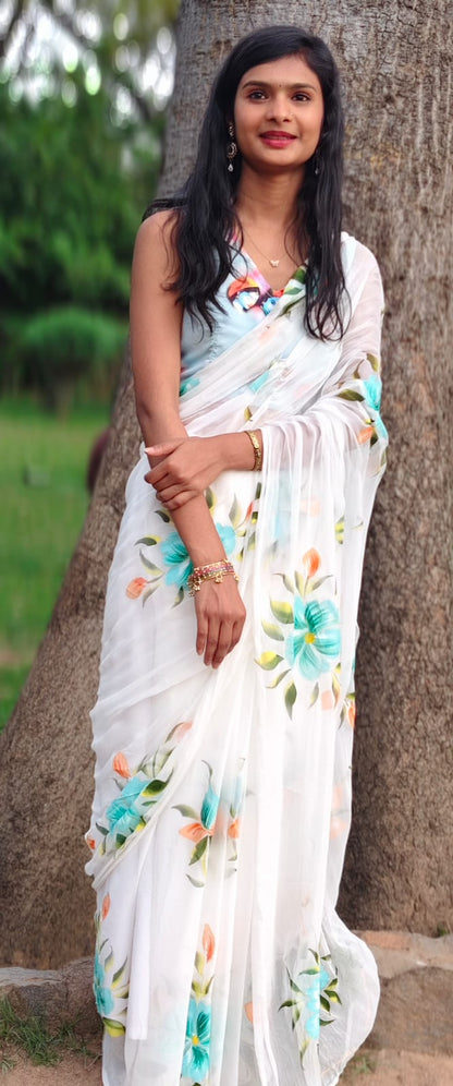 Pushpika Handpainted Chiffon Saree