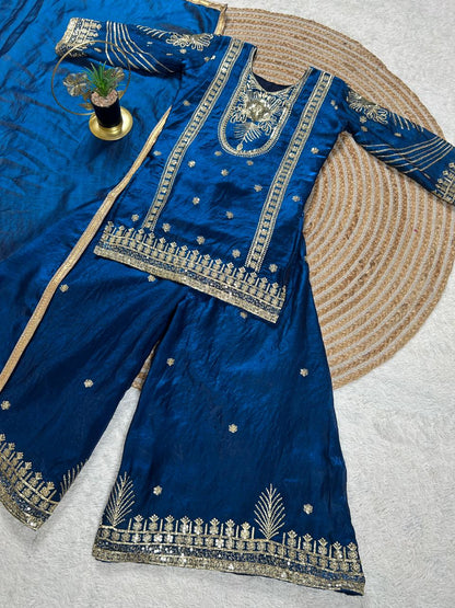 BlueMoon Embroidered Silk Kids Plazzo Set with Dupatta
