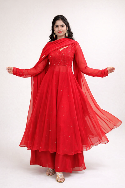 Khanak Red Georgette Anarkali Suit Set - Yooneck