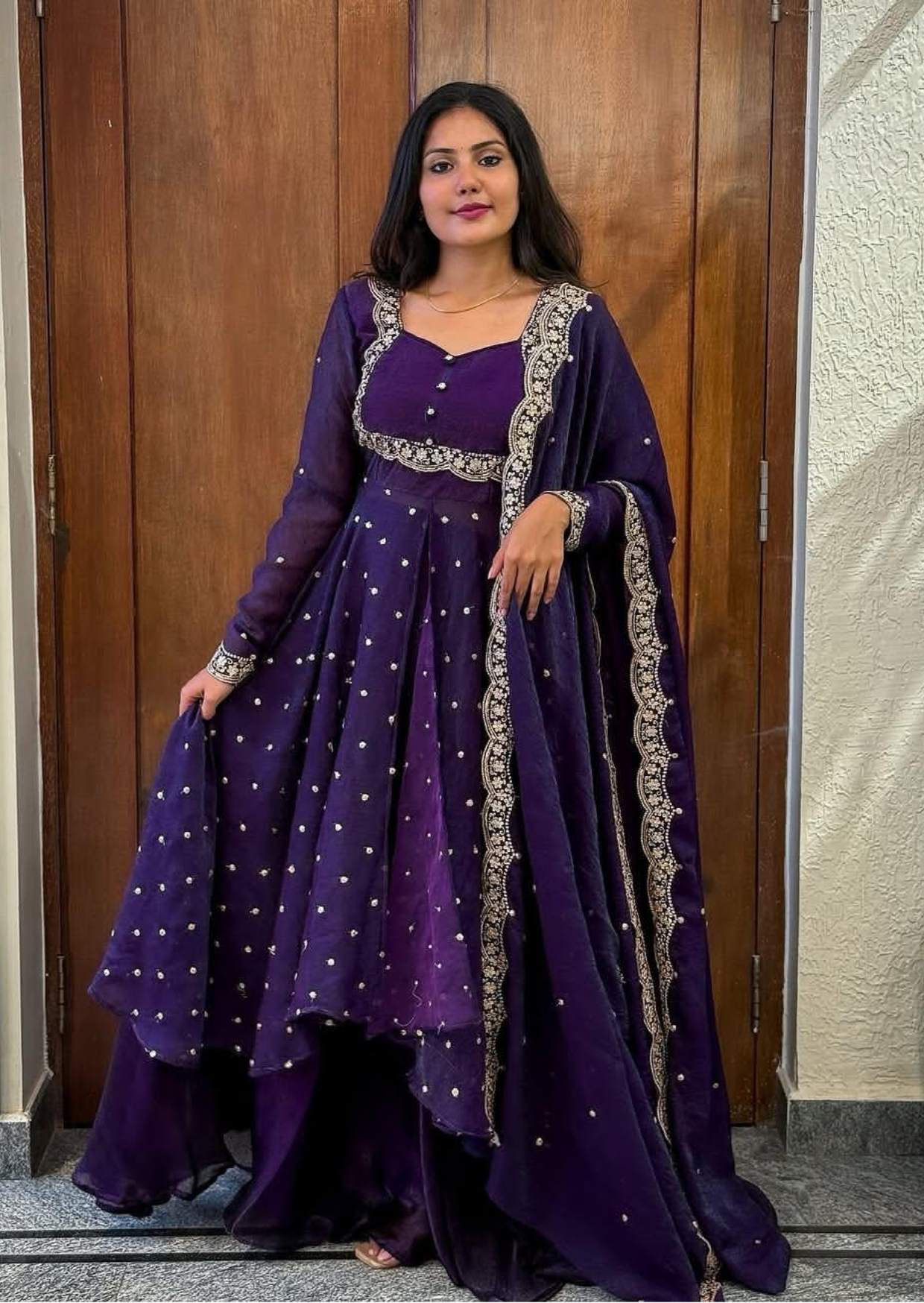 royal purple silk embroidered cape lehenga set
