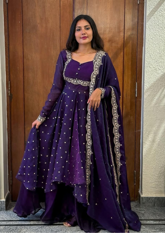 Royal Purple Silk Embroidered Cape Lehenga Set