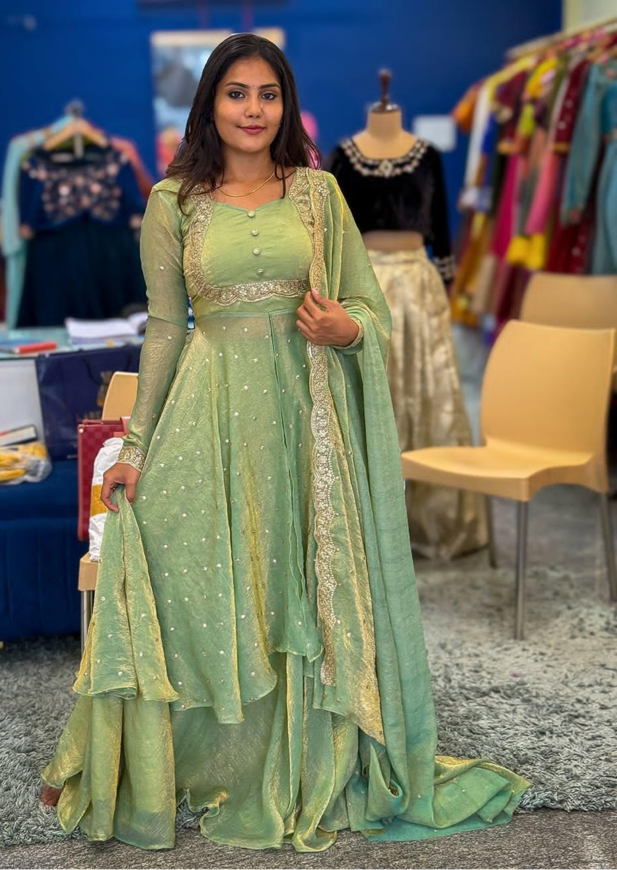 pastel green vichitra silk embroidered cape lehenga set