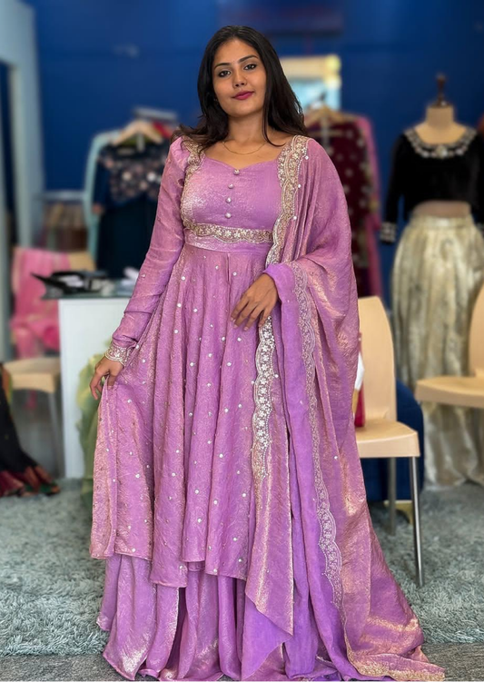 Lilac Vichitra Silk Embroidered Cape Lehenga Set
