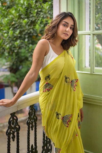 Gulnaar Lime Handcrafted Mulmul Cotton Saree