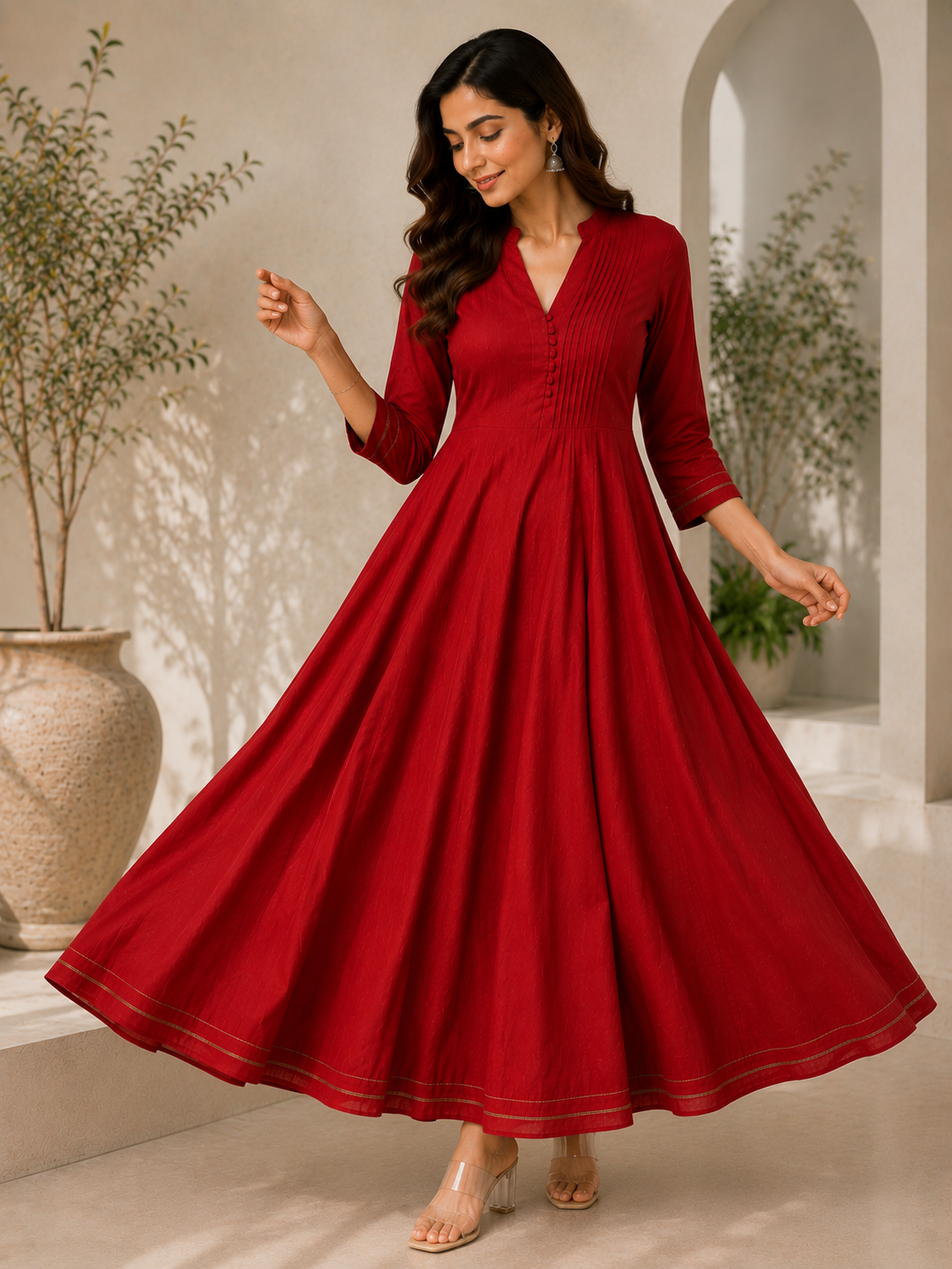 ruby red flared anarkali dress for women