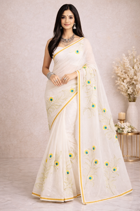Morpakhi Handpainted Birla Cotton Saree with Golden Zari Border - Yooneck
