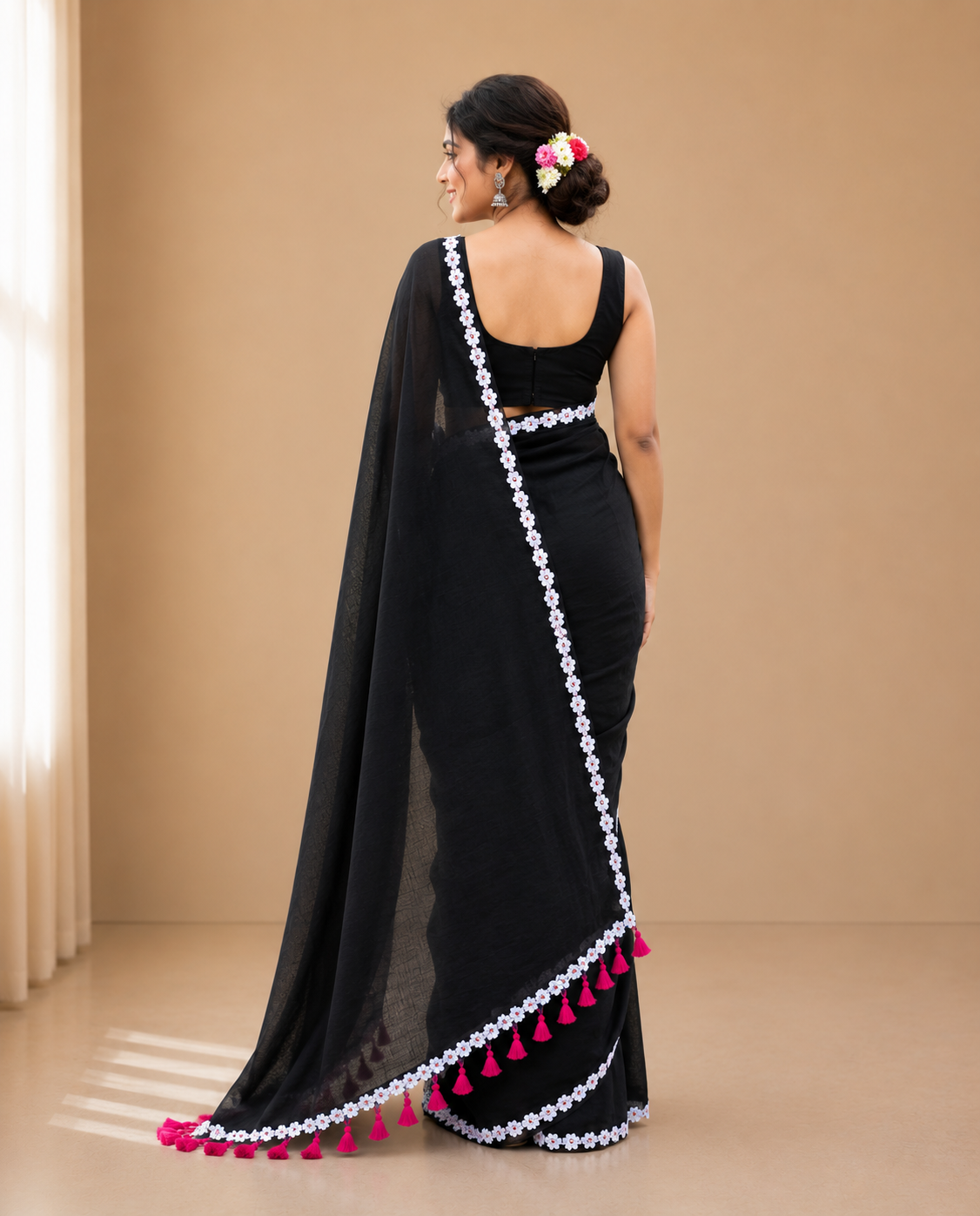 raghini black mul cotton saree with floral lace border