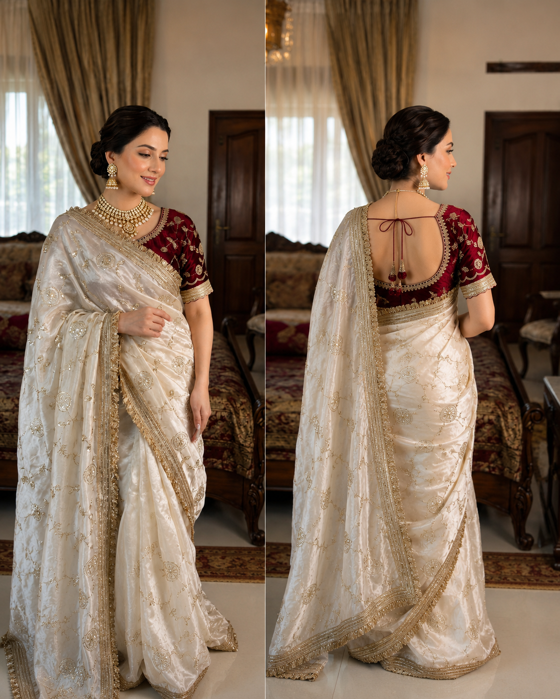 madhubala ivory saree with stitched blouse - yooneck