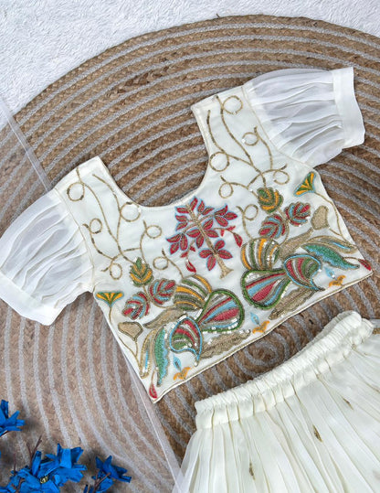 Ivory Blossom Kids Embroidered Lehenga Set