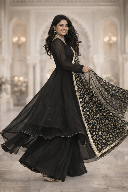 Siyahi Black Georgette Anarkali Suit Set - Yooneck