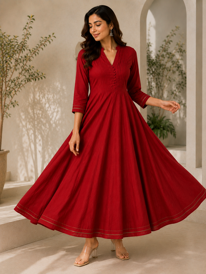 Ruby Red Flared Anarkali Dress for Women