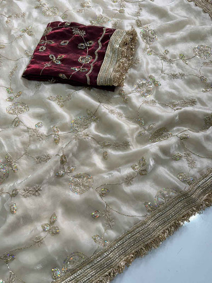 Madhubala Ivory Saree with Stitched Blouse - Yooneck
