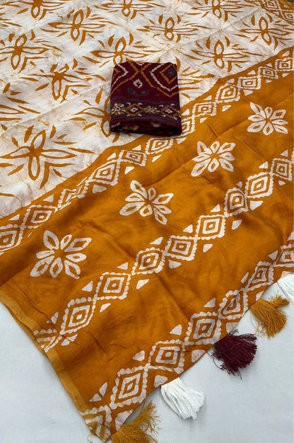 Anandi Hand Batik Chanderi Cotton Saree with Ajrakh Blouse