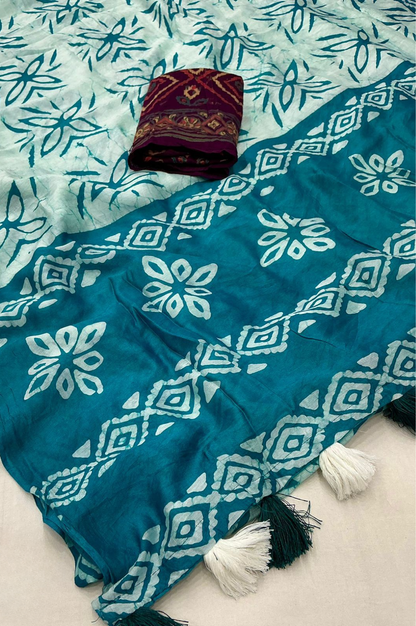 Charulata Hand Batik Chanderi Cotton Saree with Ajrakh Blouse