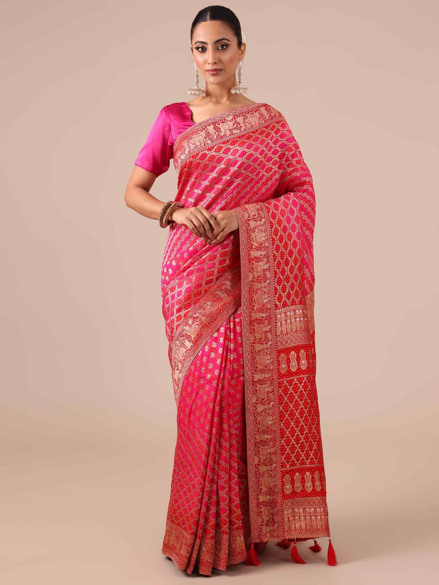 rani color dola silk saree with unstitched red blouse
