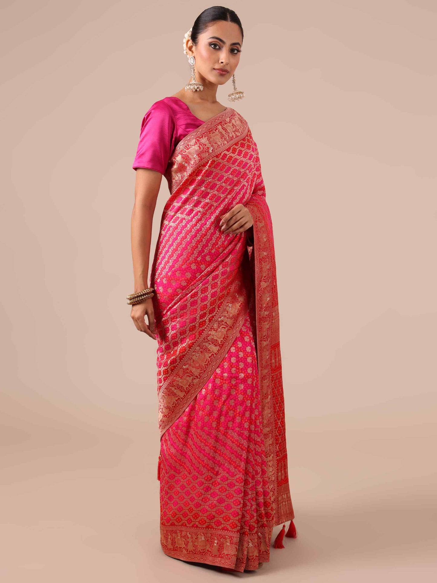 rani color dola silk saree with unstitched red blouse