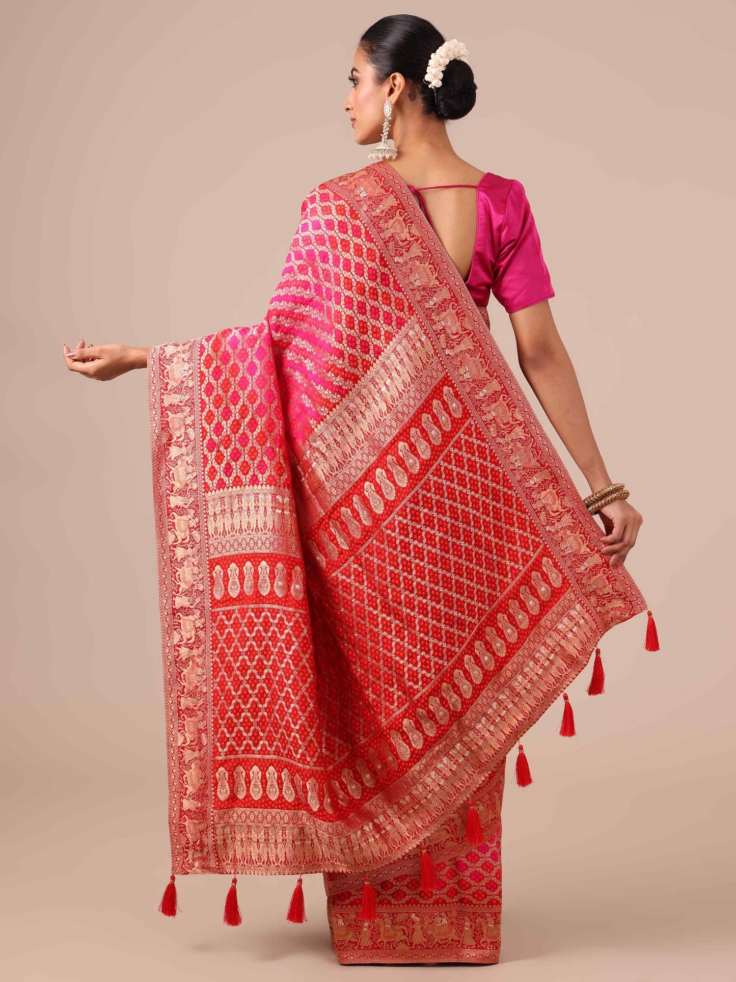rani color dola silk saree with unstitched red blouse