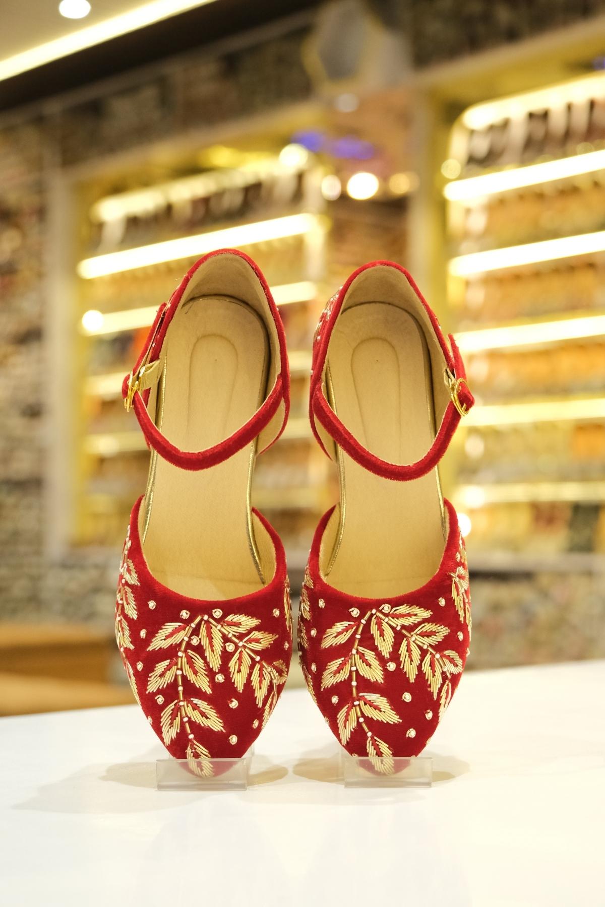 crimson zari grace hand embroidered velvet block heels