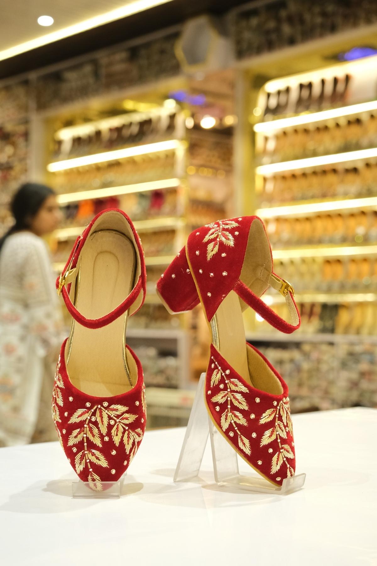 crimson zari grace hand embroidered velvet block heels