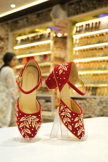 Crimson Zari Grace Hand Embroidered Velvet Block Heels