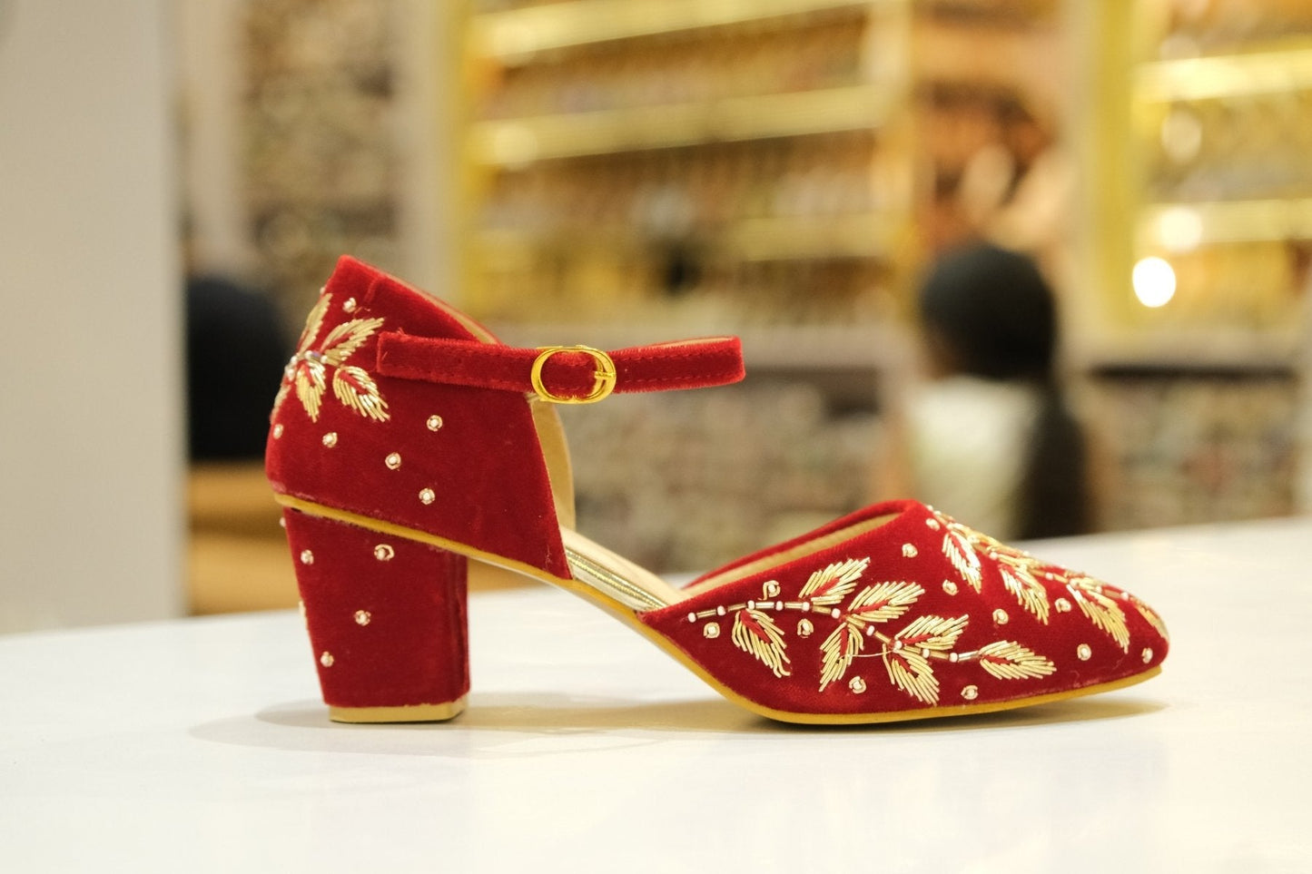 crimson zari grace hand embroidered velvet block heels