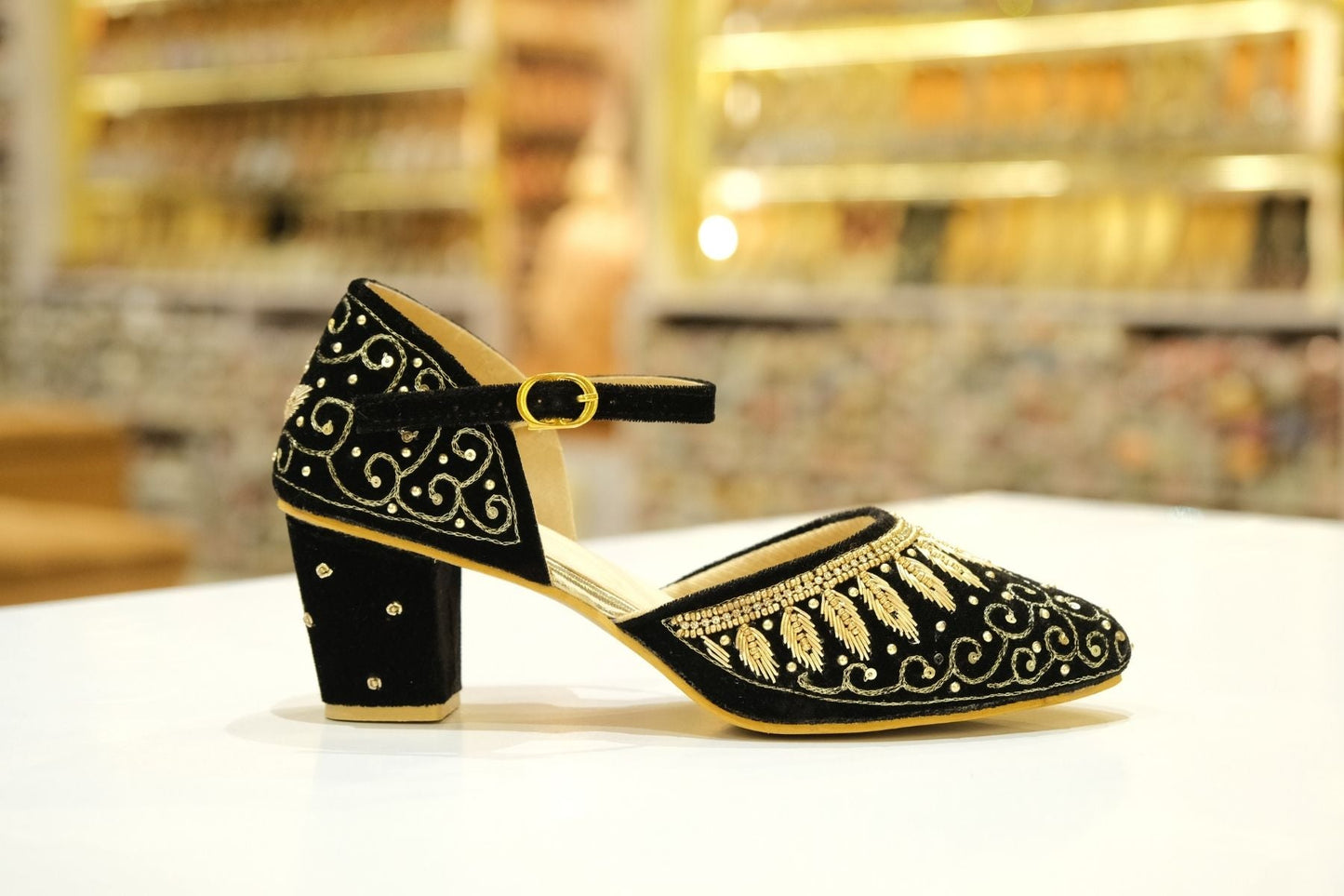noir zari elegance hand-embroidered velvet block heels