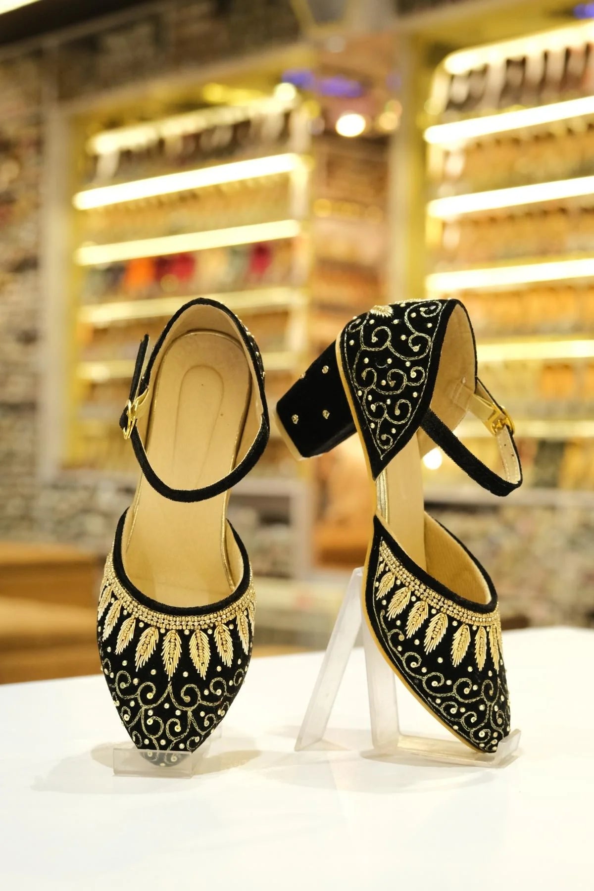 noir zari elegance hand-embroidered velvet block heels