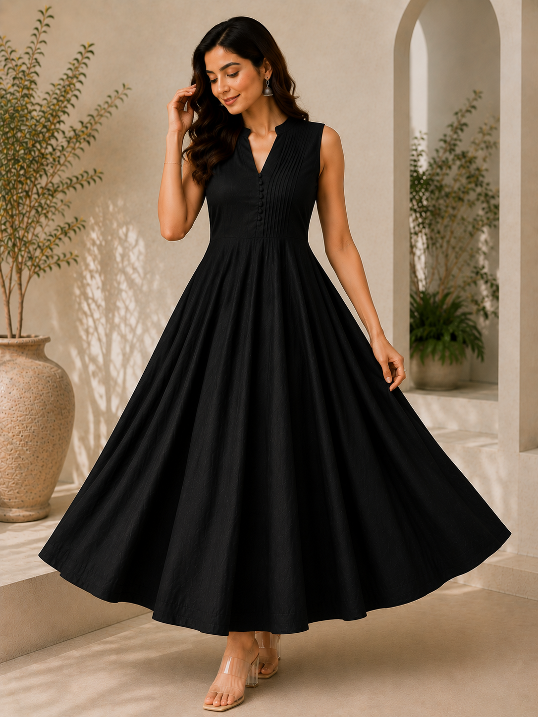 chandani midi black sleeveless flared dress