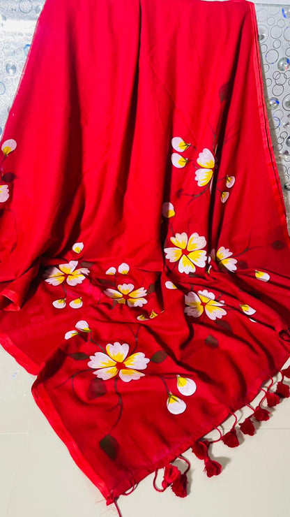 Scarlet Blossom Premium Mull Cotton Handprint Saree