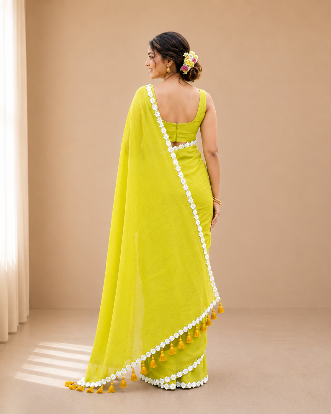 sargam lime green mul cotton saree with floral lace border