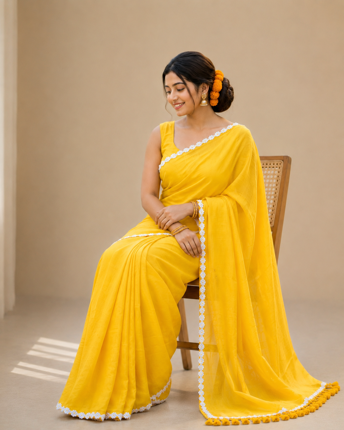 sasural genda phool yellow mul cotton saree with delicate lace border