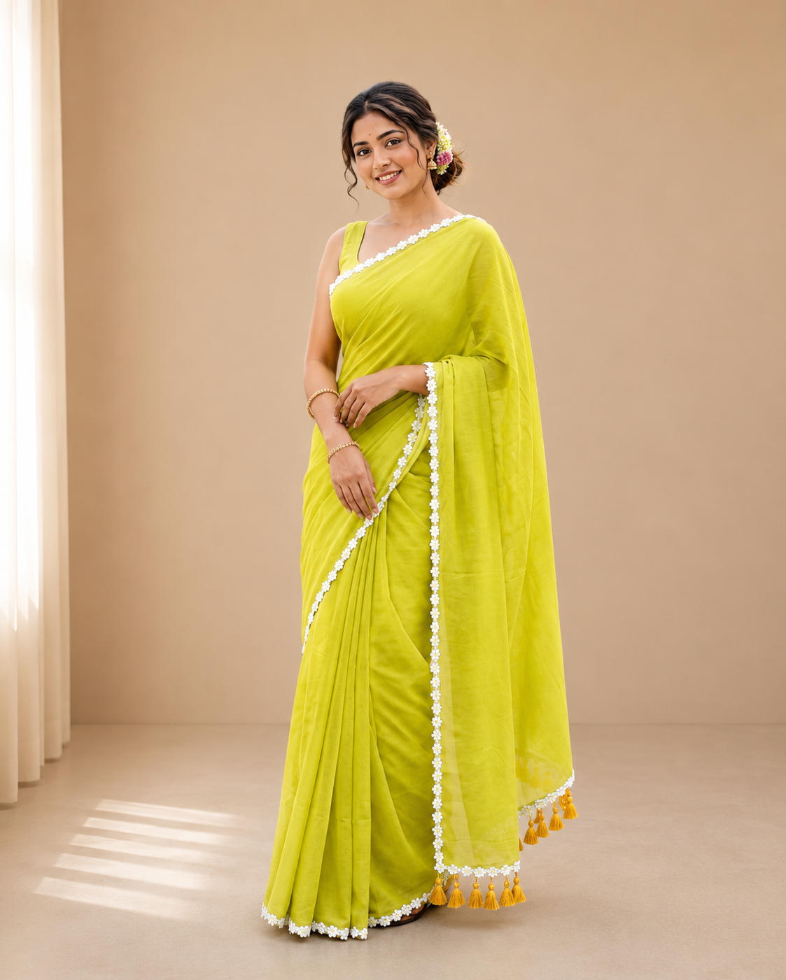 sargam lime green mul cotton saree with floral lace border