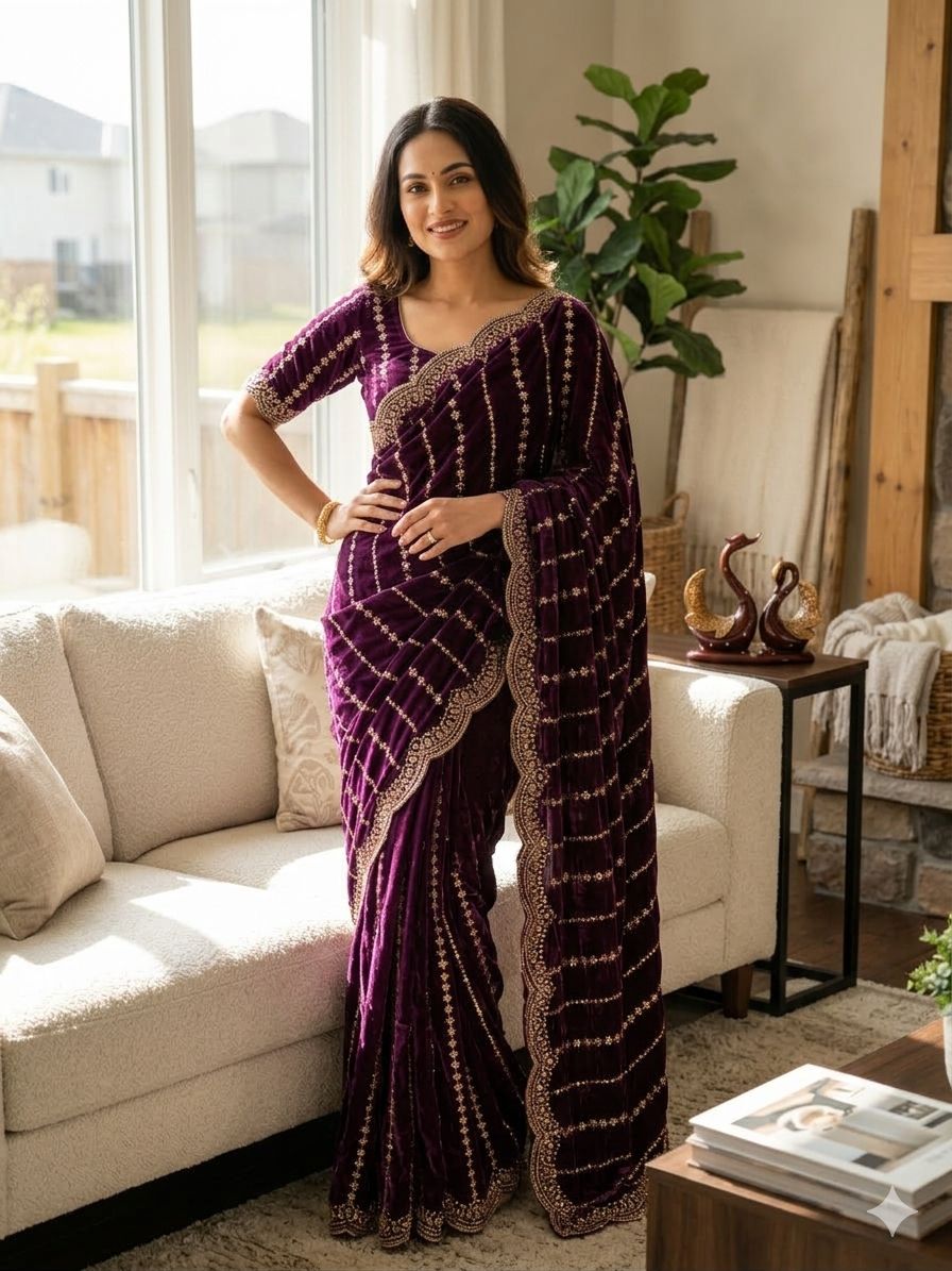 royal queen beads & sequins embroidered soft space silk saree